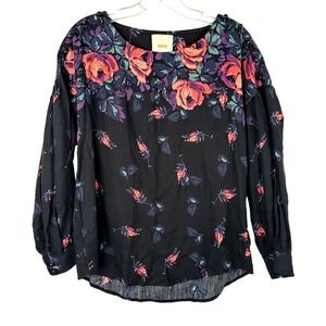 Maeve Anthropologie‎ Womens Small Black Floral Blouse Top Long Sleeve Button